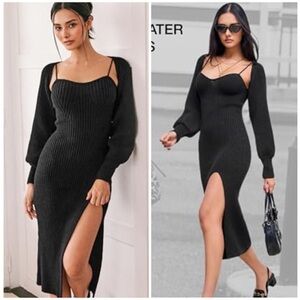 Cider Black Knit Solid Cami Split Midi Sweater Dress & Crop Top 2-Piece Set